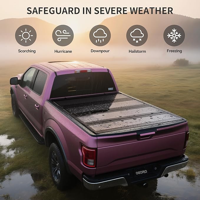 OEDRO Low-Profile Hard Quad-Fold Tonneau Cover Compatible with Dodge Ram 1500 New Body 2019 2020 2021 2022 2023 2024 2025 6.4ft Bed Without Rambox, One-Handed Quick Release, Drainage Design