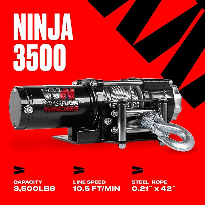 Warrior Winches Ninja 3500 lbs - Premium 12V Electric ATV/UTV Winch with Steel Cable, Compact and Powerful 12 Volt ATV Winch - Comes with Wireless Remote - Perfect for ATV, UTV, Boat, Trailer