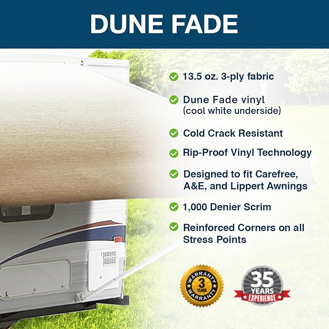 ShadePro - RV Awning Fabric Replacement - Premium Grade Weatherproof Vinyl - Universal Outdoor Canopy for Camper, Trailer, and Motorhome Awnings - Dune Fade - 20' (Fabric 19' 2")