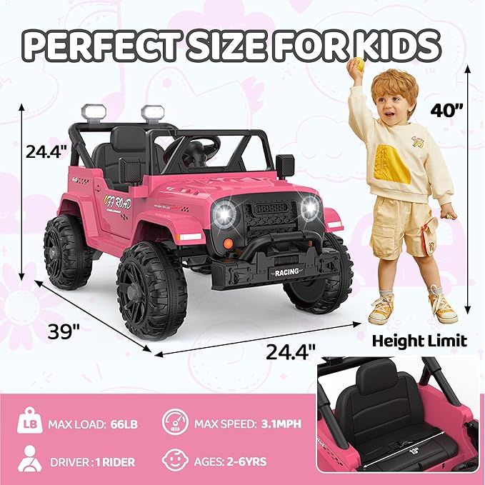 12V Ride On Truck Car with Remote Control, Kids Electric Vehicles with Bluetooth Music, Horn, 3 Speeds, 4 LED Lights, Soft Start, Ride on Toys for Toddler Boys & Girls (Pink)