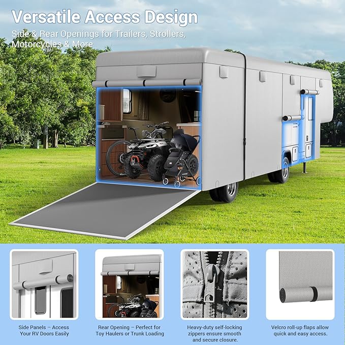 Heavy Duty Travel Trailer 5th Wheel RV Cover 23-26ft, 8 Layers Breathable Waterproof Rip-Stop Camper Cover with Adhesive Repair Patches, Gutter, Tire & Additional Straps