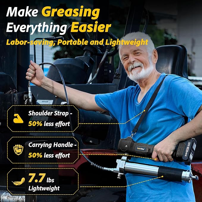 Electric Grease Gun, 10000 PSI Super Efficient Battery Powered Grease Gun Kit with 2 Batteries and Charger, 39.4" Flexible Hose, Cordless Grease Gun with Super Bright LED Light, Black