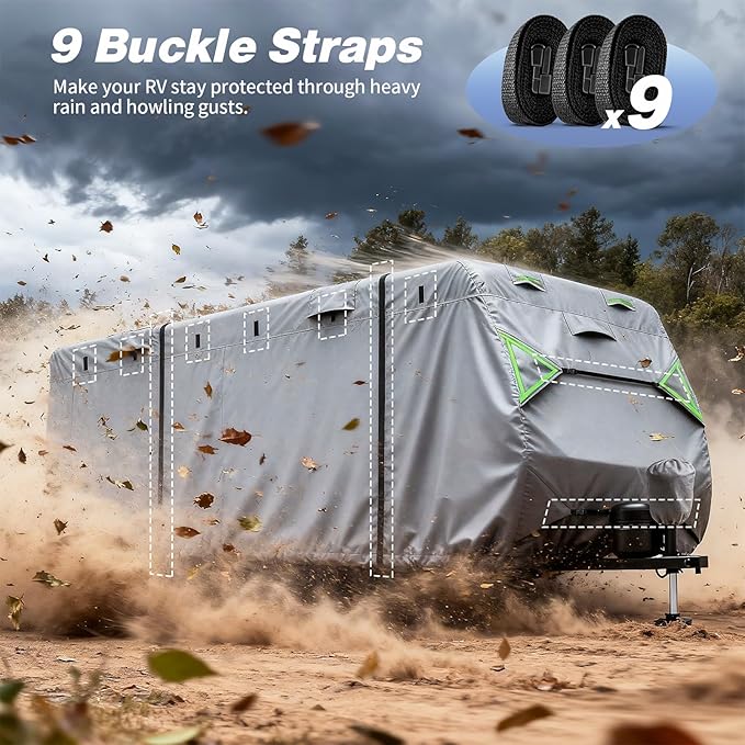 RV Cover, 7 Layers Waterproof Camper Cover with Tongue Jack Cover, Windproof Travel Trailer Cover with Gutter Cover, Fit for 27-30ft