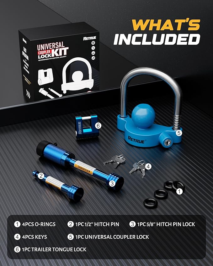 RETRUE Keyed Alike Trailer Lock Set Tow & Store Lock Kit Include Universal Coupler Lock & Dual Hitch Receiver Pin Lock & Trailer Tongue Lock, Blue