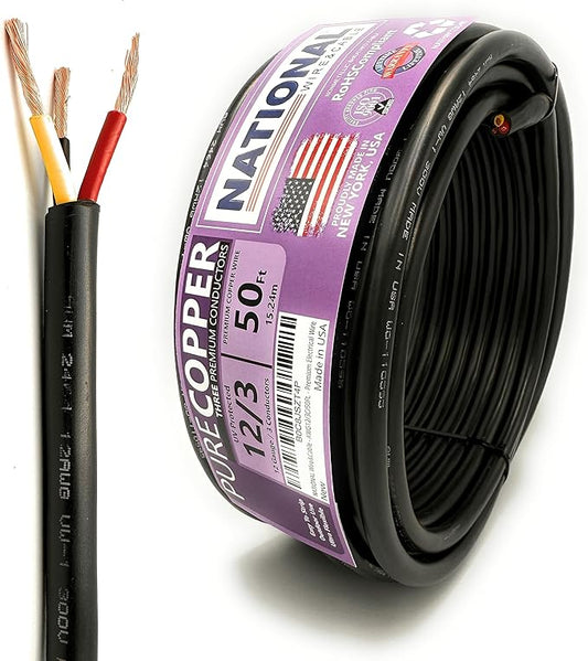 NATIONAL Wire & Cable – 12 AWG 3-Conductor Premium Copper Wire, 50 ft, Stranded | Made in USA, Heavy-Duty Flexible Jacket | Automotive, Solar, Home, RV, Indoor and Outdoor Use