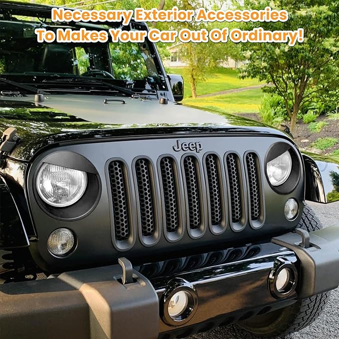 Front Grille Mesh Inserts & Headlight Cover for Jeep Wrangler JK JKU Sport Freedom Rubicon Sahara Unlimited 2007-2018 Exterior Accessories Clip-in Grille Guard Headlight Bezels Trim (Matte Black)