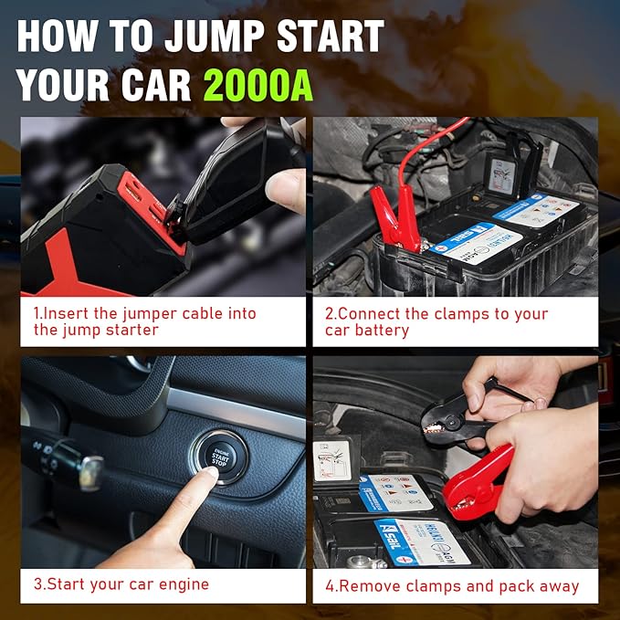 BOOKOO Jump Starter 2000A for Car/Boat/Lawnmower(8.0L Gas/6.5L Diesel Engine) Portable 12V Car Battery Jump Starter with Cables,Wall Charger,USB 3.0 Fast Charging,16V DC Output,3 LED Modes