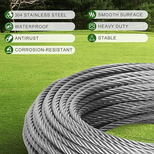1/2" Stainless Steel Cable 50FT, 7x19 Strands Wire Rope Aircraft Cable, 23000 lbs Breaking Strength, Stainless Steel Wire with M12 Clips and Thimbles for Dock, Boat Lift Cable, Winch Cable