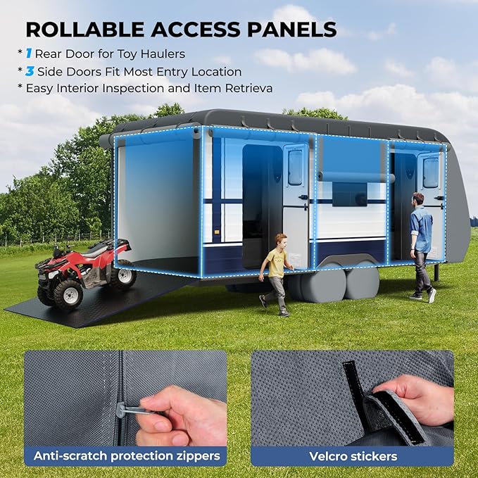 RVMasking Travel Trailer RV Cover 28-31ft, 7 Layers Extra-Thick Camper Cover Waterproof Windproof for Toy Hauler with 4 Tire Covers & Tongue Jack Cover & Propane Tank Cover, Dark Gray