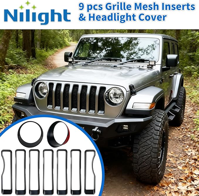 Nilight Grill Inserts fit for Jeep Wrangler Front Grille Inserts Headlight Cover Set for JL JLU Unlimited Sport SportS 2018 2019 2020 2021 2022 2023 Grille Bezels Trim Exterior Accessories Black 9 Pcs
