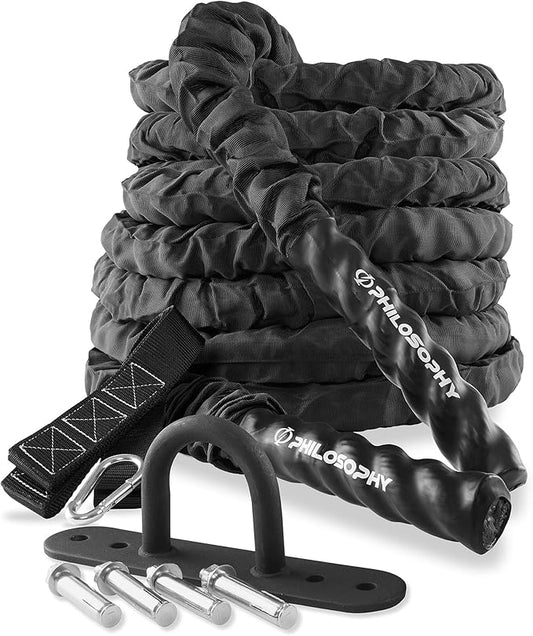 Philosophy Gym Exercise Battle Rope with Cover and Anchor Kit for Fitness Training, Conditioning