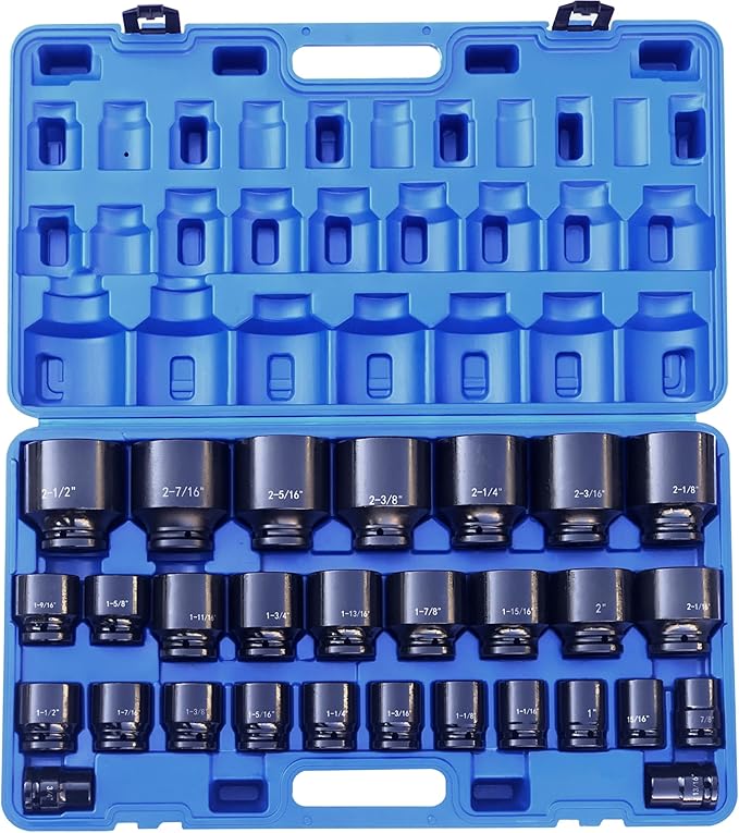 MacWork 29 Pieces Impact Socket Set, 3/4-Inch Drive, Standard, SAE 3/4 inch to 2-1/2 inch, CR-V Alloy Steel, 6-Point Sockets with a Storage Case