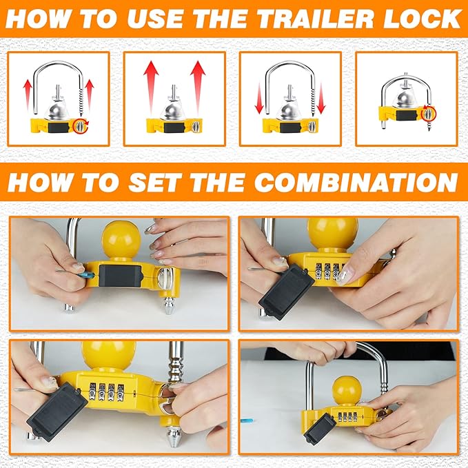 Funmit Trailer Lock Universal Hitch Lock with Combination Lock, fit 1-7/8", 2", 2-5/16" Coupler, Camper Accessories for Travel Trailers Boats Trucks Rvs Yellow