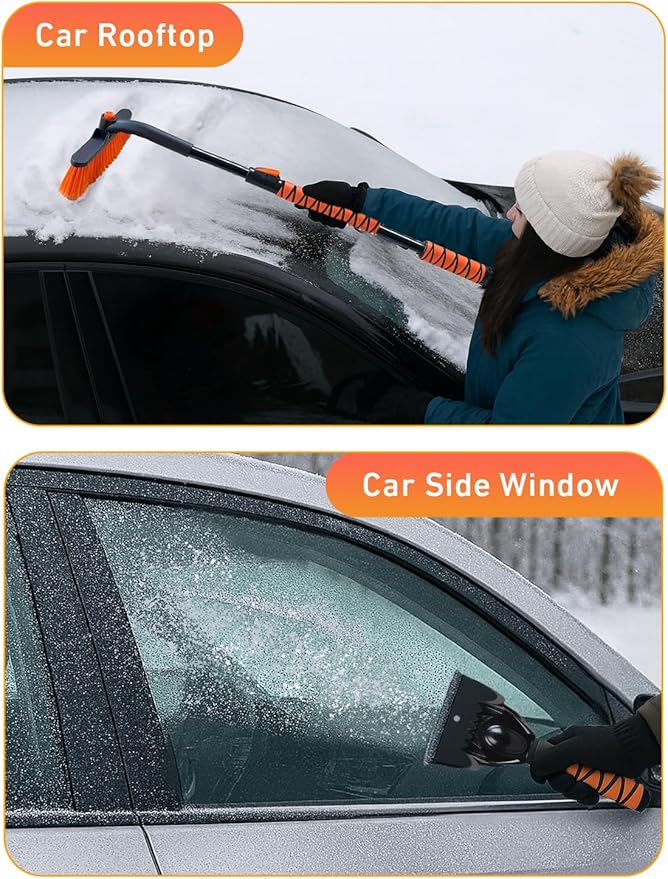 EcoNour 44.7" 3 in 1 Snow Brush for SUV, 360° Pivoting Extendable Long Snow Brush for Car, Snow and Ice Scrapers for Windshield with Ergonomic Foam Grip for Car Truck SUV, Winter Car Accessories