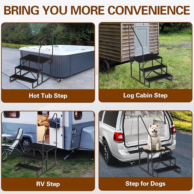 3 Step RV Steps with Handrail, Upgrade RV Stairs with Platform, 661lbs Anti-Slip Hot Tub Steps Spa Steps Step Ladder Outdoor Steps for Camper/Spa/Porch/Pet/Mobile Home(2 handrails)