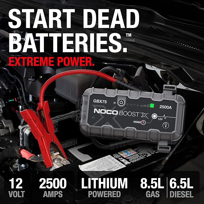 NOCO Boost X GBX75: 2500A UltraSafe Jump Starter – 12V Lithium Battery Booster Pack, Portable Jump Box, Power Bank & Jumper Cables - for 6.5L Gas and 4.0L Diesel Engines