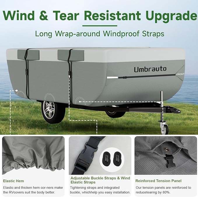 Umbrauto Pop Up Folding Camper Cover Fits 10‘-12’, Upgraded 7 Layers Top Tent Trailer Cover Waterproof Extra Thick Polypropylene Breathable Ripstop Pop Up Folding Trailer Cover
