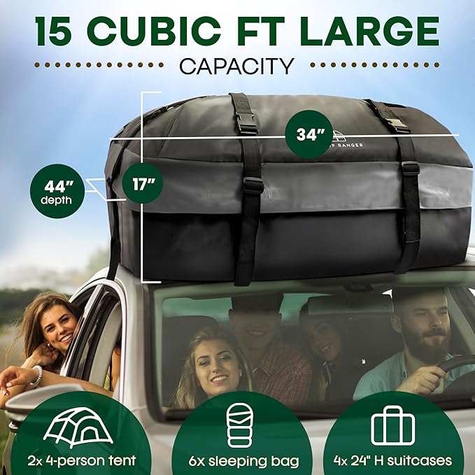 15 Cubic Ft Car Rooftop Soft Shell Cargo Carrier, 100% Waterproof - Car Storage for All Vehicle with/Without Racks - Attached Anti Slip Mat, Storage Bag, 4 Door Hooks & Straps, Lock