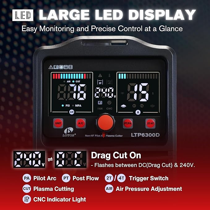 LTP6300DCNC | 63A CNC-Enabled Plasma Cutter, Drag-Cut Enables, Non-HF Blowback Pilot Arc, 3/4" Clean (1" Sever), THC/ARC OK, Dual-Voltage 110/220V, LED Controls, Portable Air Plasma Cutter