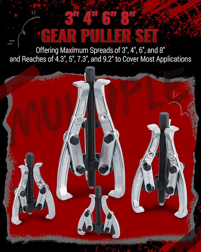 Gear Puller Set, 3" 4" 6" 8" Bearing Puller Kit for Pulley Gear Bearing Flywheel Removal, Cr-V Steel 2 Jaw & 3 Jaw Gear Puller with Reversible Jaws
