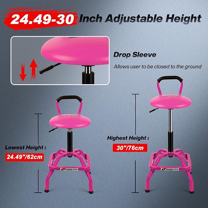 Garage Stool, Adjustable Height Swivel Work Mechanic Shop Stool with Backrest, Pneumatic Shop Chair for Home, Workshop, 300 LBS Capacity, 360° Rotation, Heavy Duty, Pink