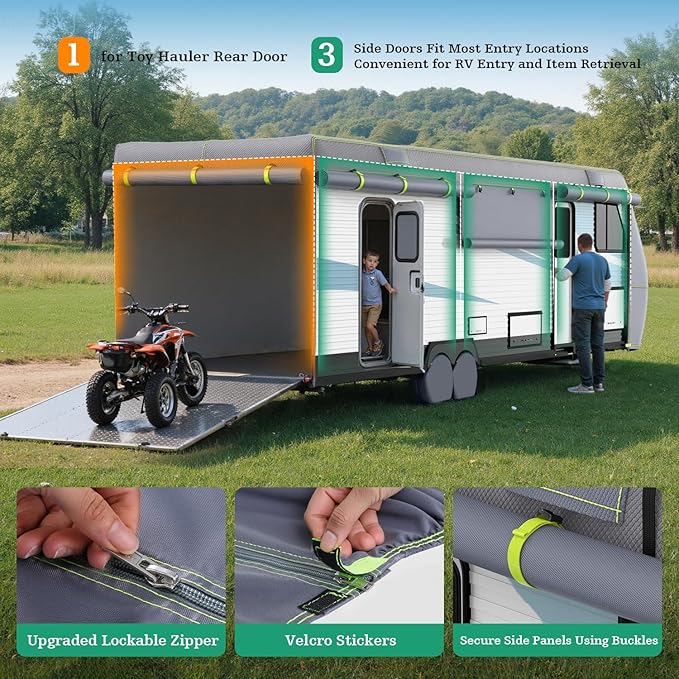 UIRWAY 600D Oxford RV Cover Travel Trailer 22-24ft, Upgraded Waterproof Camper Cover for Toy Hauler, Windproof Rip-Stop Heavy Duty RV Winter, Weatherproof & Anti-UV, 4 Tire Covers,Tongue Jack Cover