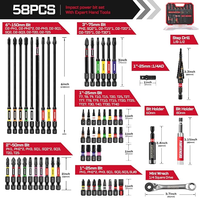 58Pcs Screwdriver Set Include 53Pcs Impact Screwdriver Bits Set,Mini Wrech,Step Drill, 1/4”Socket Adapter and Impact Bit Extension with Tool Box for Home Repairs DIY
