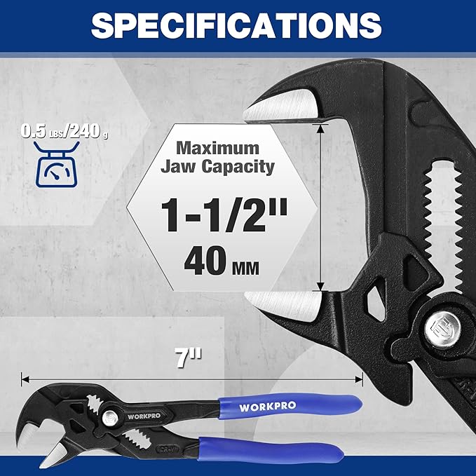 WORKPRO 7-Inch Pliers Wrench, CR-V Construction Wrench Pliers, Adjustable Parallel Smooth Jaw Pliers, Black Finish, Groove Lock Mechanism