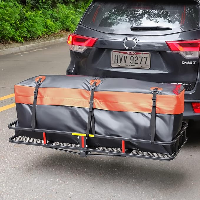 WEIZE Folding Hitch Mount Cargo Carrier Basket 60" x 20" x 6" with Waterproof Bag, Net, Strap, 2-Inch Folding Shank, 500 lbs Capacity Hitch Rack, Steel Construction