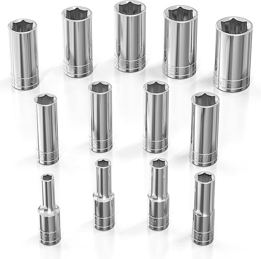 Olsa Tools SAE Deep Socket Set - 3/8-Inch Drive, 13pc - 6-Point Chrome Sockets from 1/4" to 1" and No Skipped Sizes - Mechanic Deep SAE Socket Set - Professional Grade Long Sockets - Part: 1332