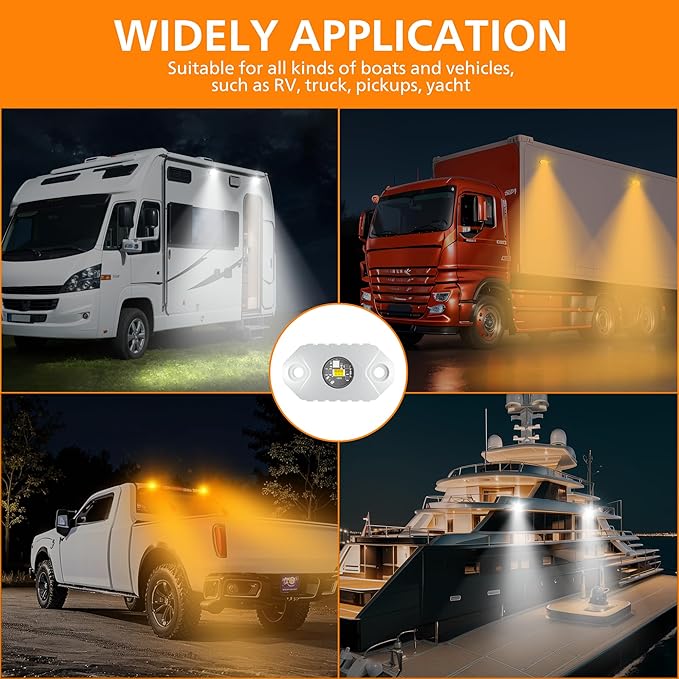 RV Lights Exterior White/Amber LED Aluminum Porch Light 12V IP68 Waterproof Campers Awning Lamp Replacement Kits for Trailers Truck Motorhome Travel Vehicles 4 PCS