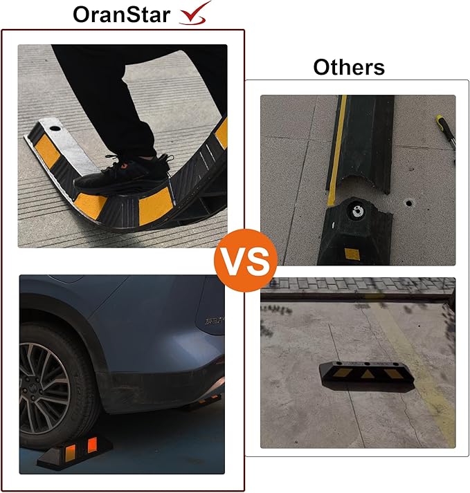 OrangeStar 21" Rubber Parking Curbs, Heavy Duty Garage Floor Wheel Stopper w/Yellow Reflective Stripe for Car, Truck, Trailer, 4 Pack