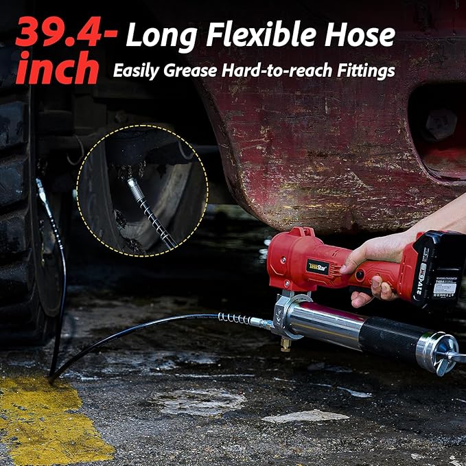 Electric Grease Gun Cordless10000 PSI, Grease Gun Kit with 2×2.0Ah Batteries & Charger, 39.4" Flexible Hose & LED Light for Tractors Trucks Trailers Heavy Equipment Maintenance (Red)