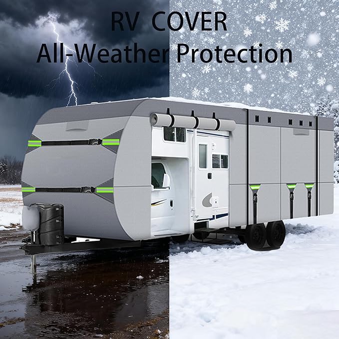 RV Covers 22-24FT 8 Layers Heavy Duty Windproof Trailer Camper Travel Trailer Cover for 22' to 24' Hauler Cover with Tongue Jack Covers and 9 Extra Long Windproof Ropes