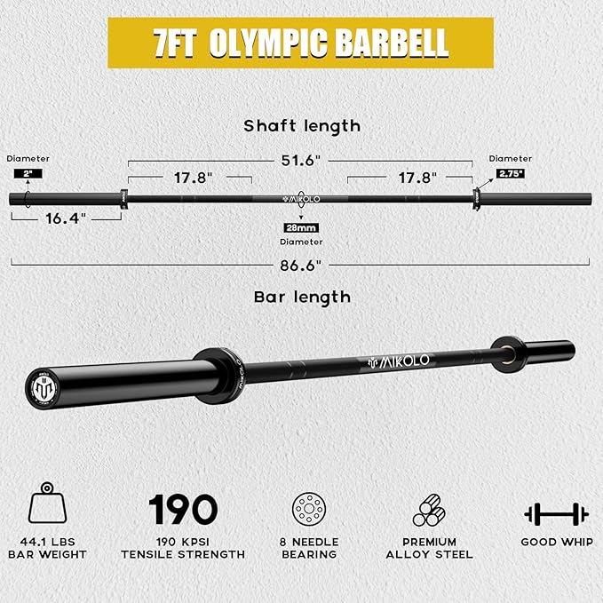Mikolo 7ft Olympic Barbell, Barbell for Weightlifting and Powerlifting 45lb, Olympic Bar for 1500lbs Capacity, Weight Bar Fit 2” Standard Weights
