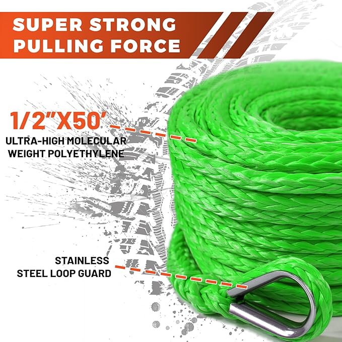 Winch Rope Extension, 1/2'' x 50ft 32,500Lbs Synthetic Winch Extension Rope, Winch Extension Line for Off Road Vehicle ATV UTV SUV Jeep (Green)