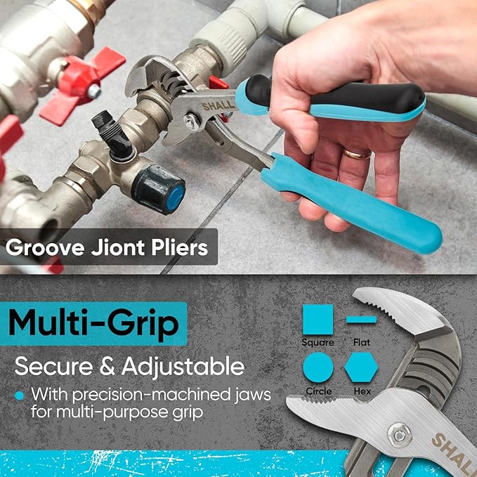 SHALL 8-Piece Adjustable Wrench & Water Pump Pliers Set, 12/10/8/6 Inch, 4Pcs Adjustable Tongue and Groove Joint Pliers and 4Pcs Wide Jaw Forged Steel Wrench for Plumbing, Gripping, Auto Home Repair