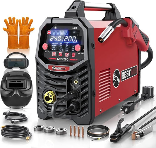 BESTMIG 200A MIG Welder - 6-in-1 IGBT Inverter Welding Machine, Gas/Gasless Flux Core, Stick, Lift TIG, Spot & Spool Gun - Portable 110V/220V Equipment