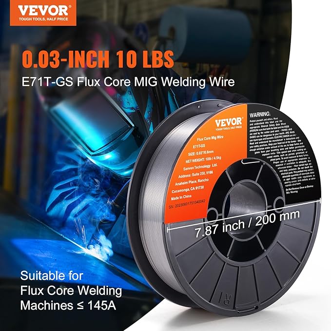 VEVOR Flux Core Welding Wire, E71T-GS 0.030-inch 10LBS, Gasless Mild Steel MIG Welding Wire with Low Splatter for All Position Arc Welding and Outdoor Use