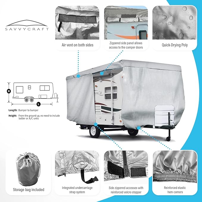 SavvyCraft ShieldAll Ultimate Travel Trailer Camper Cover, Heavy Duty RV Trailer Cover w/Access Panels fits 9 feet to 10 feet