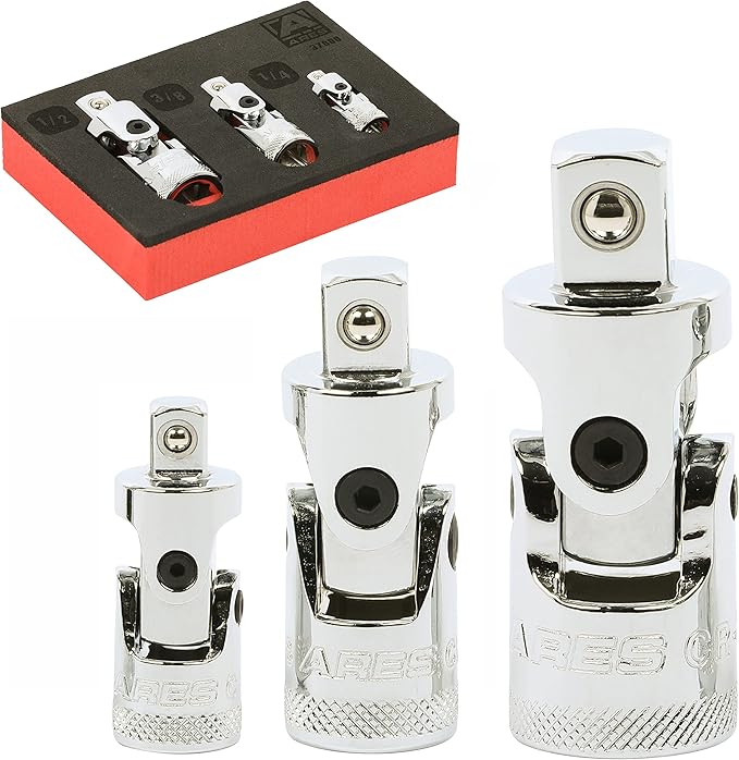 ARES 37000-3-Piece Spring Loaded Universal Joint Set – Spring Loaded Tension Keeps U-Joint In Position at Odd Angles - 1/4-Inch, 3/8-Inch, and 1/2-Inch Drive