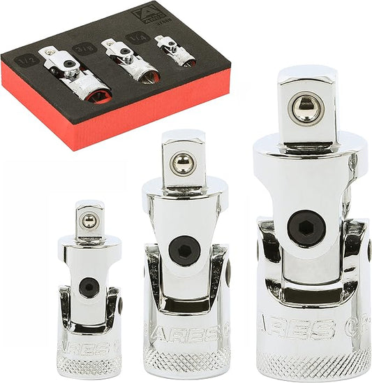 ARES 37000-3-Piece Spring Loaded Universal Joint Set – Spring Loaded Tension Keeps U-Joint In Position at Odd Angles - 1/4-Inch, 3/8-Inch, and 1/2-Inch Drive