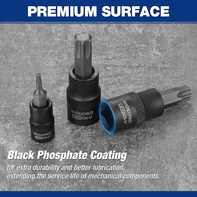 WORKPRO Torx Bit Socket Set, 1/4", 3/8" and 1/2" Drive Torx Bits 13-Piece Socket Set T8-T60, Premium S2 Steel Bits and CR-V Sockets with Storage Case