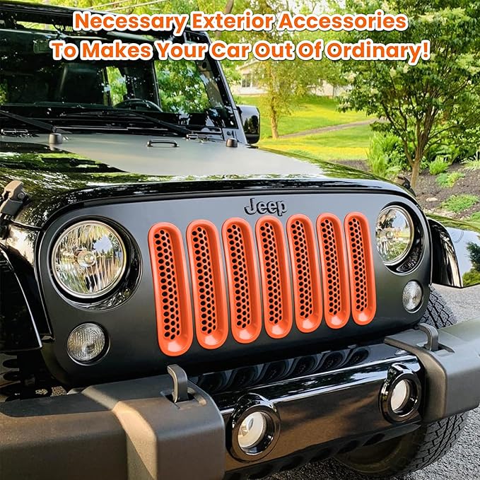 7PCS Front Grill Mesh Inserts for Jeep Wrangler JK JKU Unlimited 2007 2008 2009 2010 2011 2012 2013 2014 2015 2016 2017 2018 Grille Guard Cover Trim Clip-in Exterior Accessories (Matte Orange)