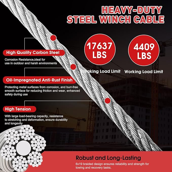 Steel Winch Cable,3/8" x 100' Wire Rope with Swivel Hook,17637 Lbs Breaking Strength,6x19 Strand Core Steel Towing Cable for Tow Truck,Crane,Wrecker
