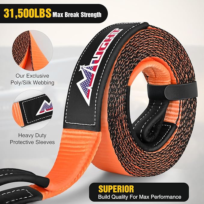 Nilight 3" x 20' Recovery Tow Strap Kit with 2Pcs 3/4" Anti-Theft D-Ring Shackles and Storage Bag Tow Rope for Car Truck SUV ATV (MBS 31500LBS)