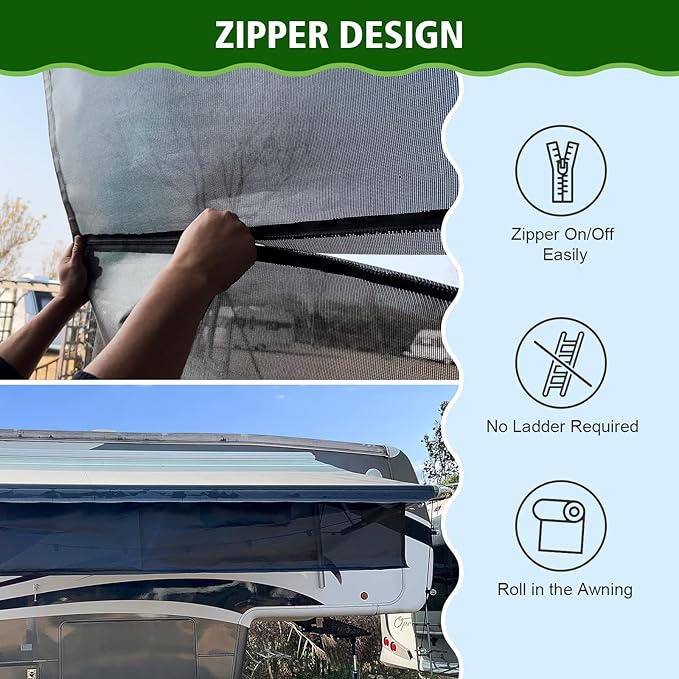 Dulepax RV Awning Shade Screen with Zipper 8'X15'3'' -Second Generation RV Awning Screen Significantly Improves Shadew and Privacy.Universal RV Awning Sun Shade Screen with Complete Kits