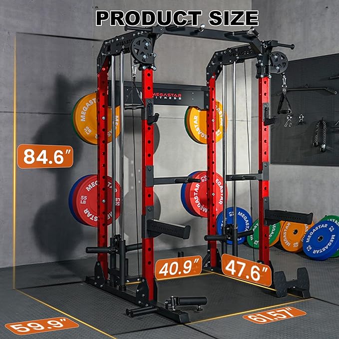 Power Rack Home Gym with Aluminum Pulley Set – 2000LB Capacity Multifunction Squat Rack with Cable Crossover, Includes 16 Professional attachments for Home Gym Strength Training, P63 Rampage