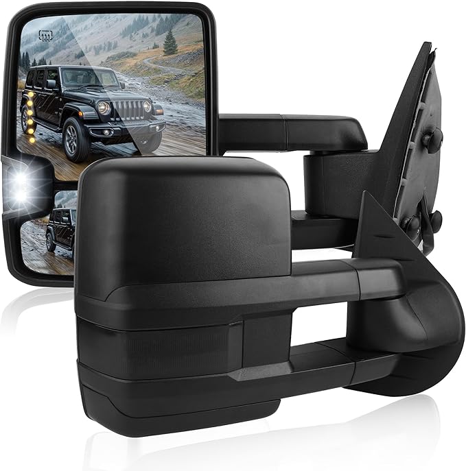 DWVO Towing Mirrors Compatible with 07 08 09 10 11 12 13 Silverado 1500 2500 3500 Tahoe Suburban Avalanche GMC Sierra Yukon Cadillac Folding Power Heated Manual Telescoping LED Turn Signal Light Black