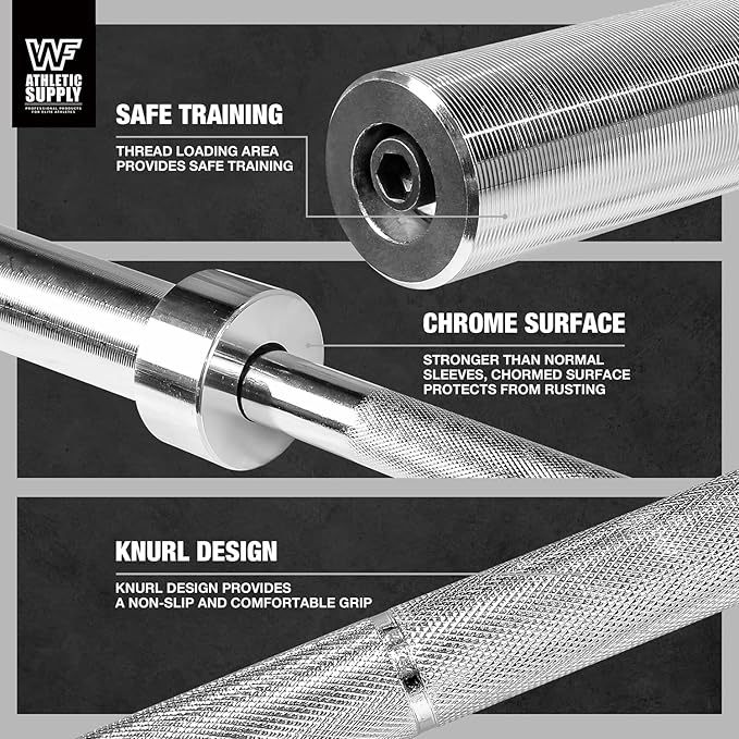 WF Athletic Supply 7 ft 2-inch Olympic Weighted Solid Steel Bar Barbell, for Weightlifting/Bench Press/Deadlift and Power Lifting Strength Training, with Rotating Sleeve, Home Gym